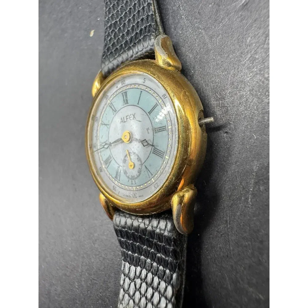 ALFEX Swiss Made Gold Tone Bezel Women's Wristwatch Black Leather Band